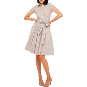 Norma Kamali Cap Sleeve Seersucker Stripe Tie Waist Shirt Dress